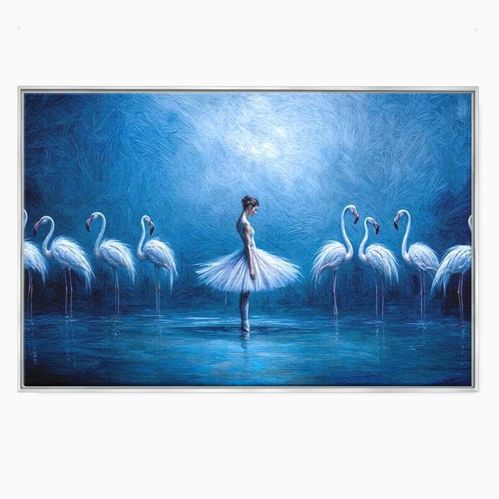 Tablou canvas cu tablou canvas cu balerina si flamingo, in rama de aluminiu argintiu